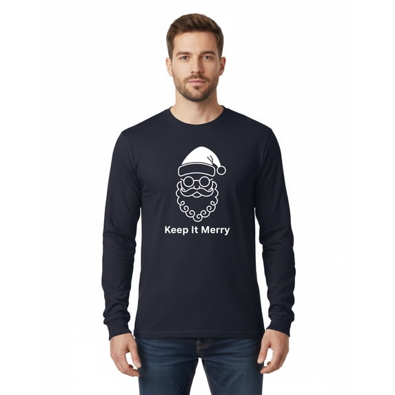 Gildan Men Merry Christmas Graphic T-shirt, Long Sleeve, Christmas Funny Xmas Printed Navy Tee, M