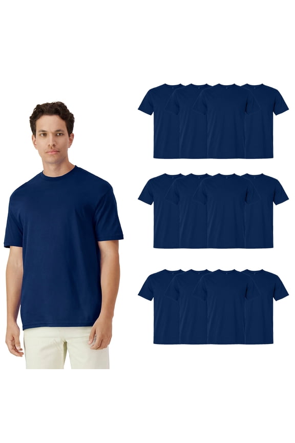 Men Short Sleeve Navy T-Shirt, Light Cotton Classic Fit 12 Pack Crewneck Bulk Tee, L
