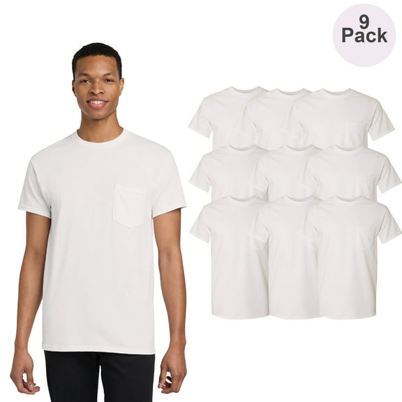 Gildan Men Short Sleeve Pocket T-Shirt, Crew Neck Heavy Cotton Classic Fit Tee, White, 9 Pack, M
