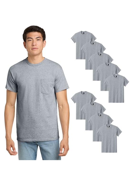 Men Short Sleeve Pocket T-Shirt, Ultra Cotton Classic Fit Sport Grey 9 Pack Tee Bulk, L