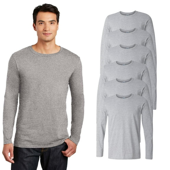 Gildan Men Softstyle Long Sleeve T-Shirt, Crew Neck Classic Fit Cotton Tee, Sport Grey, S, 6 Pack