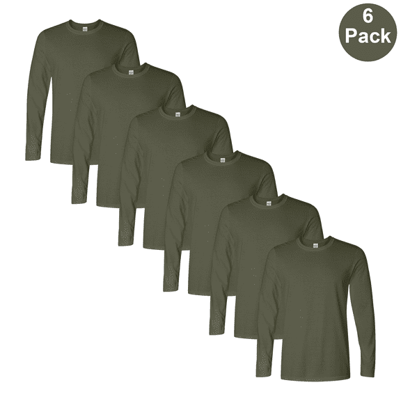 Gildan Men Softstyle Long Sleeve T-Shirt, Moisture-wicking Crew Neck Tee, Military Green 6-Pack, 3XL