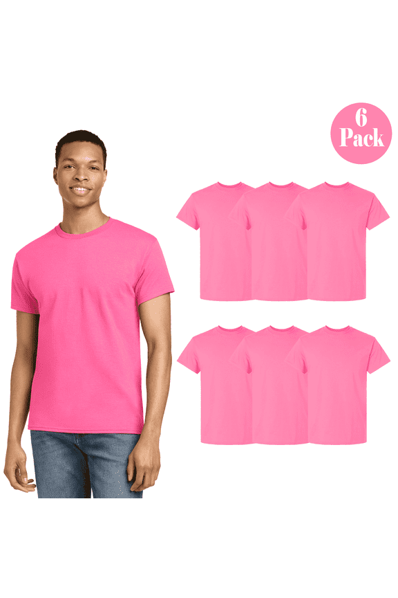 Men Ultra Cotton Hi Vis T-Shirt, Short Sleeve Crew Neck Work Tee, Safety Pink, S, 6 Pack
