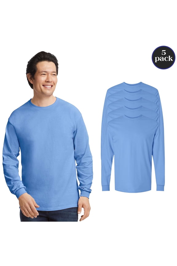 Men Ultra Cotton Long Sleeve T-Shirt, Crewneck Rib collar Casual Tee, Carolina Blue, 5-Pack, 4XL