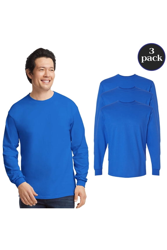 Men Ultra Cotton Long Sleeve T-Shirt, Rib Collar Crewneck Classic Fit Tee, Royal, 3-Pack, M