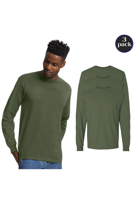 Men Ultra Cotton Long Sleeve T-Shirt, Rib Collar Crewneck Military Green Bulk Tee, 3-Pack, M