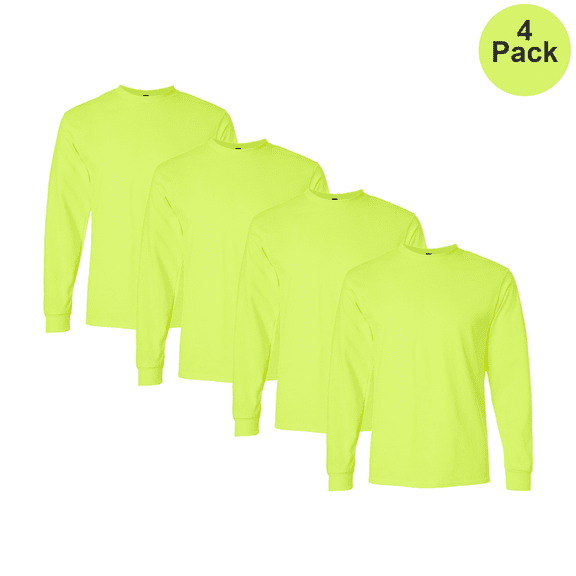 Gildan Men Ultra Cotton T-Shirt, Long Sleeve Hi-Vis Safety Green Color Durable Bulk Tee, 4-Pack, S