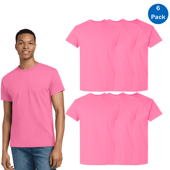 Gildan Men’s 6 Pack Short Sleeve T-Shirt, Hi Vis 50/50 Cotton/ Polyester Casual Tee, Safety Pink, XL