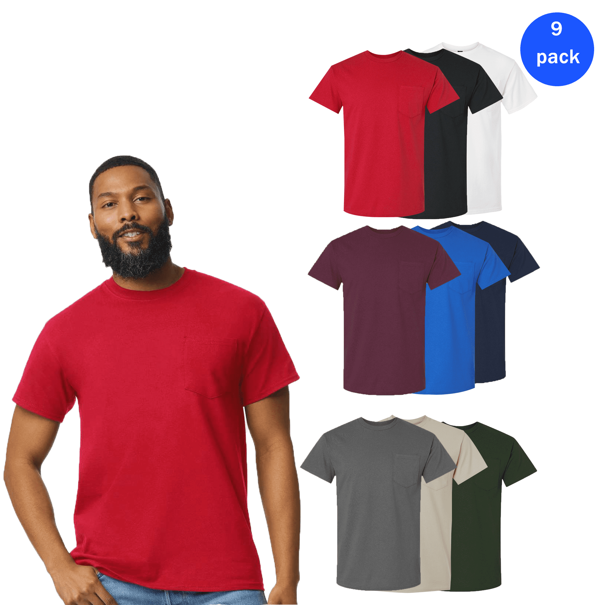 Gildan Men’s 9 Pack Ultra Cotton Pocket T-Shirt, Crewneck Casual ...