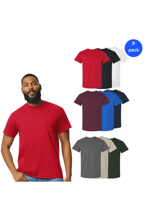 Men’s 9 Pack Ultra Cotton Pocket T-Shirt, Crewneck Casual Assorted Color Tee, S
