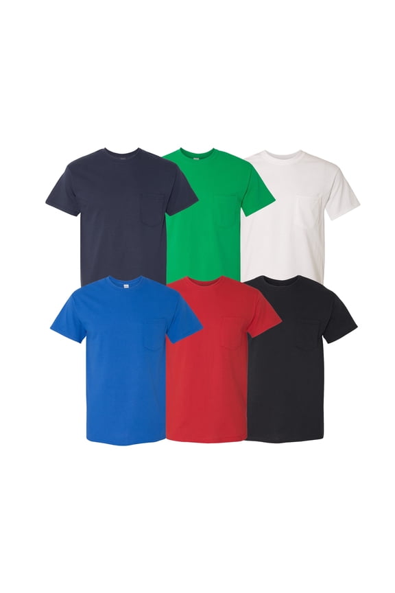 Men's Assorted Pocket T-Shirt, Heavy Cotton Short Sleeve, Bulk Mix Color Tee, 2XL, 6 Pack
