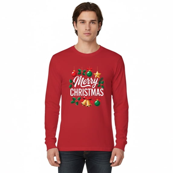 Gildan Men's Christmas Graphic T-Shirt, Long Sleeve Soft Slim Fit Xmas Holiday Printed Red Tee M