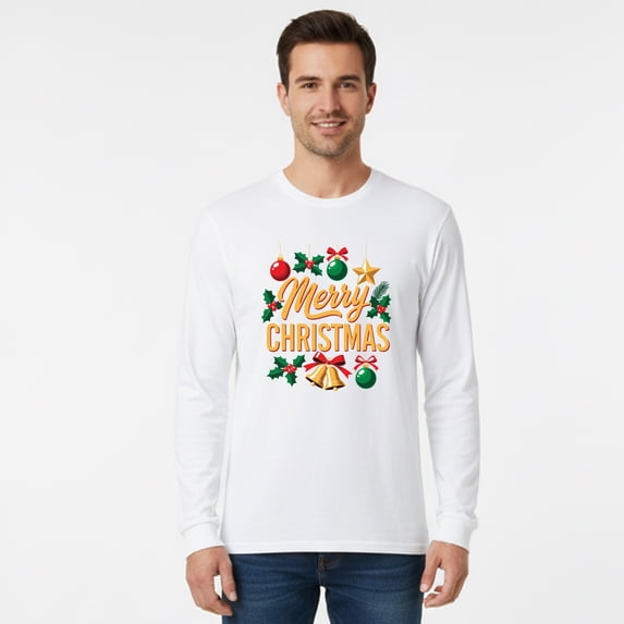 Gildan Men's Christmas Graphic T-Shirt, Long Sleeve Soft Slim Fit Xmas Holiday Printed White Tee XL