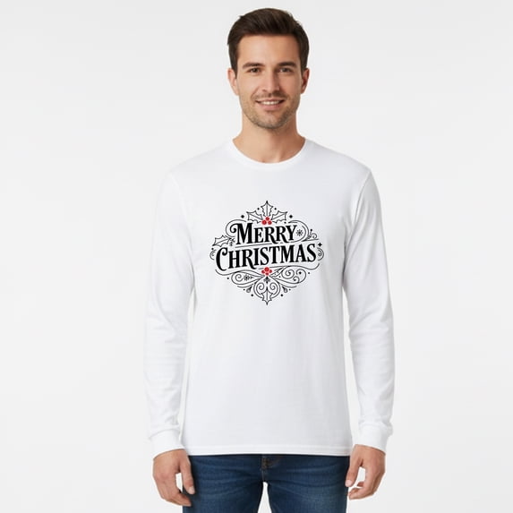 Gildan Men's Christmas Long Sleeve T-Shirt, Heavy Cotton Holiday Tee White Xmas shirt, S