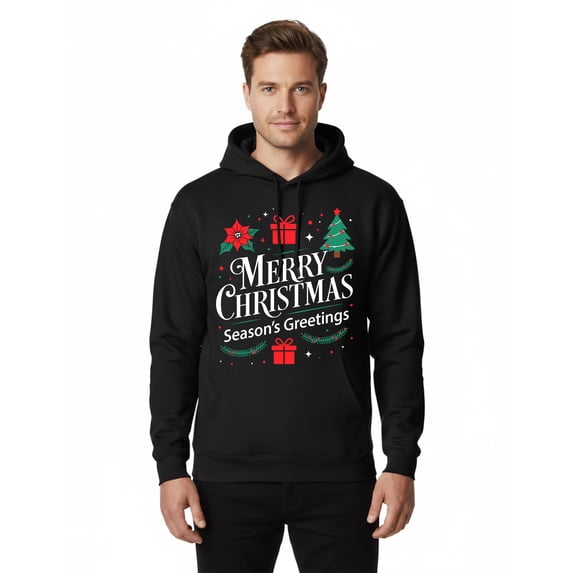 Gildan Men's Christmas Pocket Hooded Sweatshirt, Xmas Graphic Printed Pullover Hoodie, Black, S