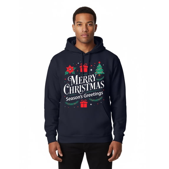 Gildan Men's Christmas Pocket Hooded Sweatshirt, Xmas Graphic Printed Pullover Hoodie, Navy, XL