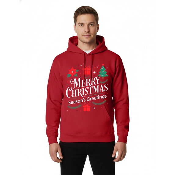 Gildan Men's Christmas Pocket Hooded Sweatshirt, Xmas Graphic Printed Pullover Hoodie, Red, L