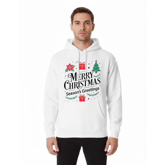 Gildan Men's Christmas Pocket Hooded Sweatshirt, Xmas Graphic Printed Pullover Hoodie, White, S