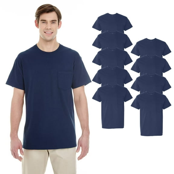 Gildan Men's Crew Neck Bulk Navy T-Shirt with Pocket, Short Sleeve Cotton Tee, 9 Pack, Sizes S-3XL