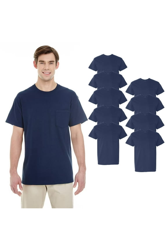 Men's Crew Neck Bulk Navy T-Shirt with Pocket, Short Sleeve Cotton Tee, 9 Pack, Sizes S-3XL