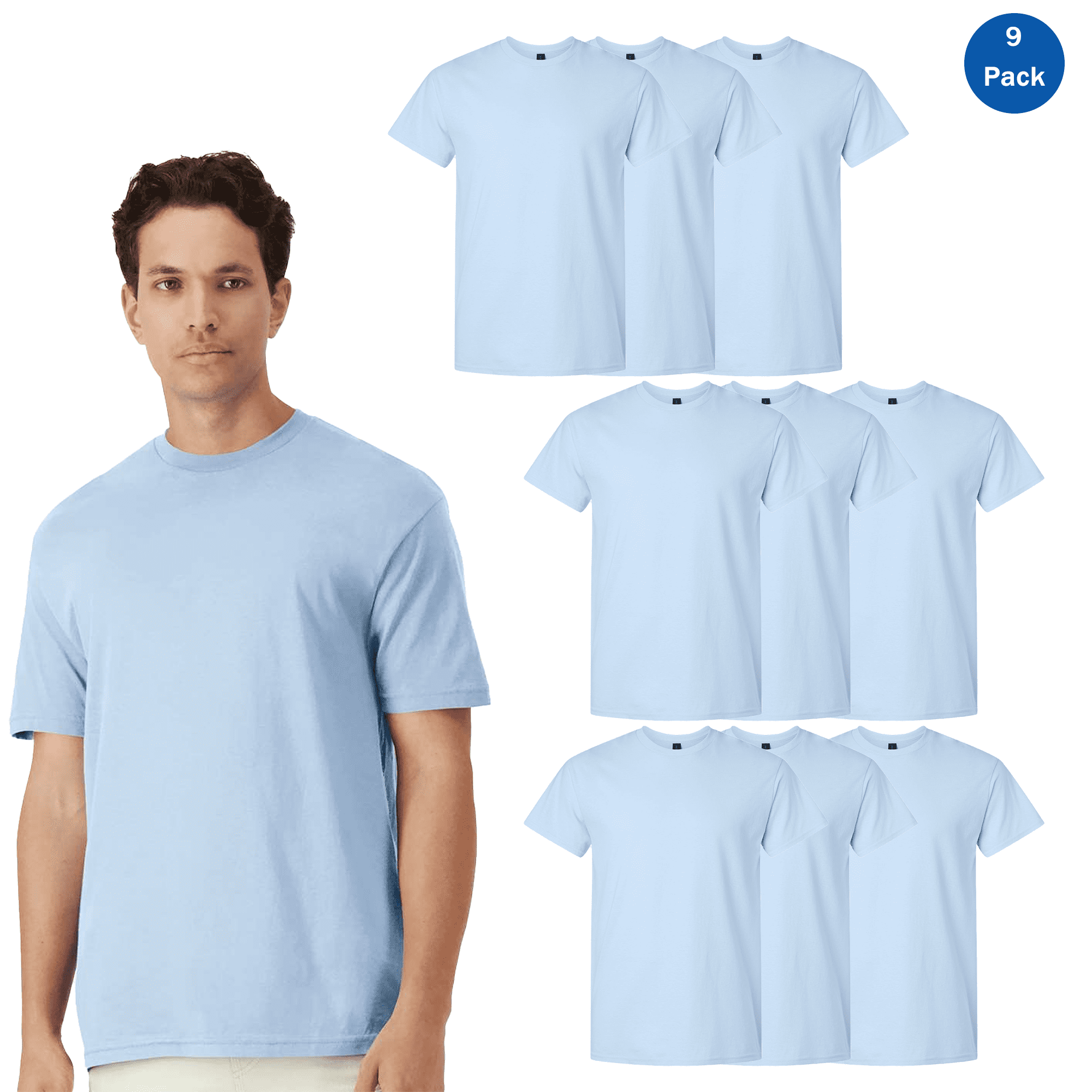 Gildan Men's Crew Neck Light Blue T-Shirts 9-Pack, Soft 100 Cotton