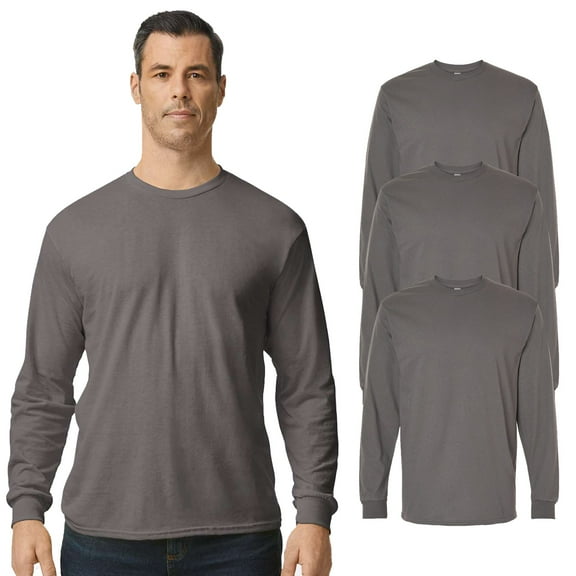 Gildan Men's Crew Neck Long Sleeve T-Shirt, Heavy Cotton Classic Fit Tee, Charcoal, 3-Pack, S
