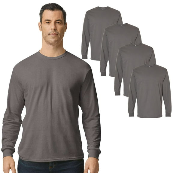 Gildan Men's Crew Neck Long Sleeve T-Shirt, Heavy Cotton Classic Fit Tee, Charcoal, 4-Pack, XL