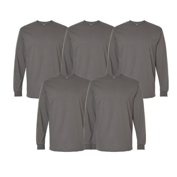 Gildan Men's Crew Neck Long Sleeve T-Shirt, Heavy Cotton Classic Fit Tee, Charcoal, 5-Pack, S
