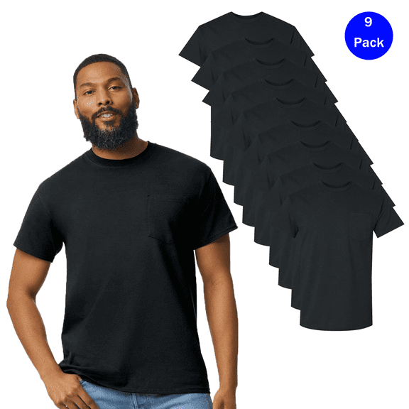 Gildan Men's Crew Neck Pocket T-Shirt - 9 Pack, Size S-5XL, Black Short Sleeve Classic Tee