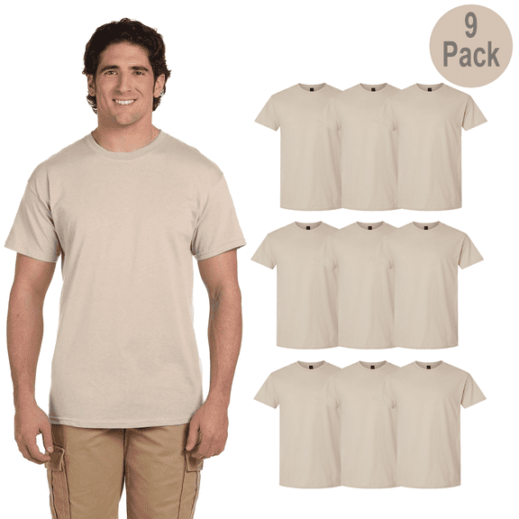 Gildan Men's Crew Neck T-Shirt, Light Cotton, Short Sleeve Classic Fit Blank Tee, Sand, 2XL, 9 Pack