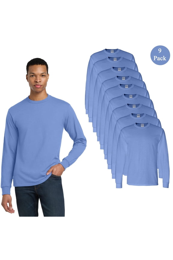 Men's DryBlend 50/50 Long Sleeve T-Shirt, 9-Pack, Crew Neck Rib Collar Carolina Blue Tee, 3XL