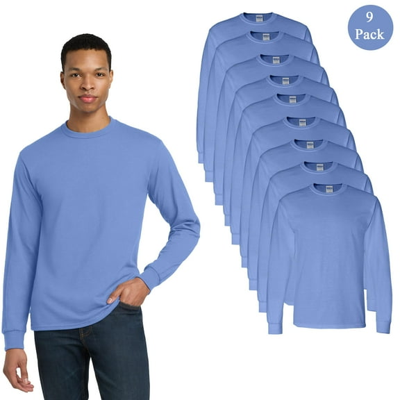 Gildan Men's DryBlend 50/50 Long Sleeve T-Shirt, 9-Pack, Crew Neck Rib Collar Carolina Blue Tee, S