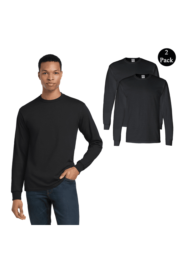 Men's DryBlend 50/50 Long Sleeve T-Shirt, Comfortable Crew Neck Black Blank Tee, 2-Pack, L
