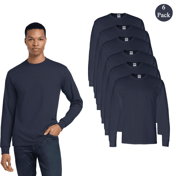 Gildan Men's DryBlend 50/50 Long Sleeve T-Shirt, Comfortable Crew Neck Casual Tee, Navy, 6-Pack, S