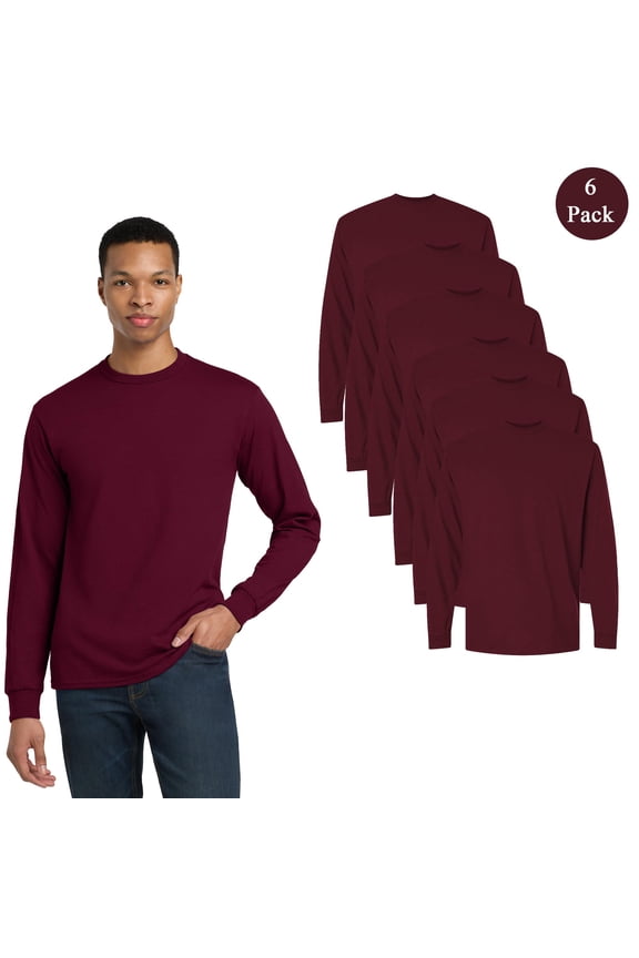 Men's DryBlend 50/50 Long Sleeve T-Shirt, Crew Neck Classic Fit Solid Tee, Maroon, 6-Pack, L
