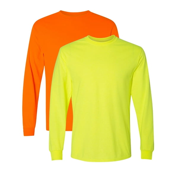 Gildan Men’s DryBlend Long Sleeve T-Shirt 50/50 Cotton Polyester Crewneck Classic Tee Shirt (Safety Orange+Safety Green 2 Pack, M)