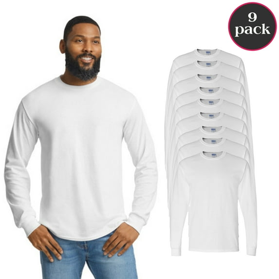 Gildan Men's DryBlend Long Sleeve T-Shirt, 9-Pack Crewneck Pullover Shirts White Casual Tee, S