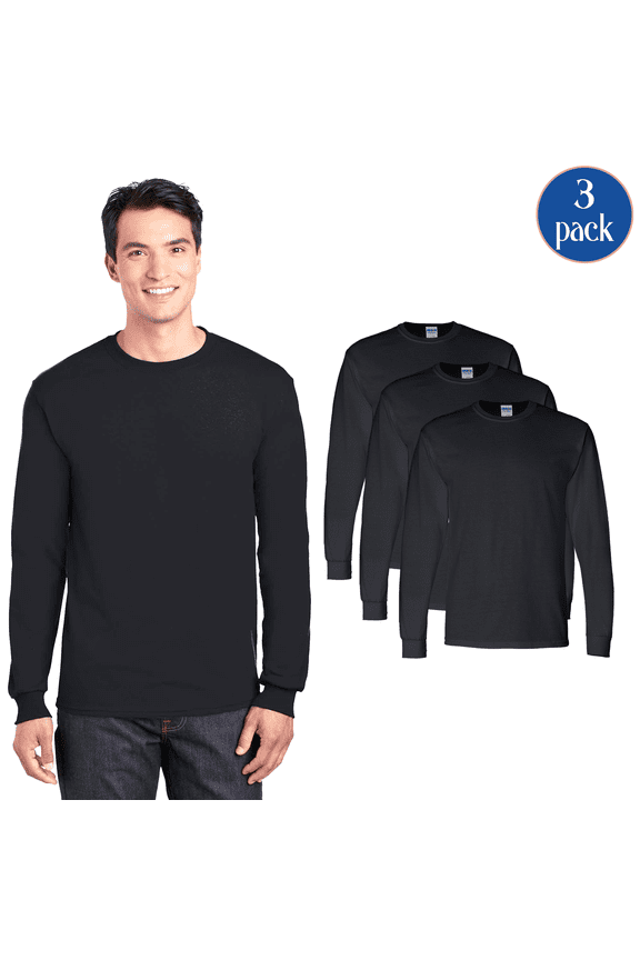 Men's DryBlend Long Sleeve T-Shirt, Comfortable Crewneck Classic Fit Tee, Black, 3-Pack, 3XL