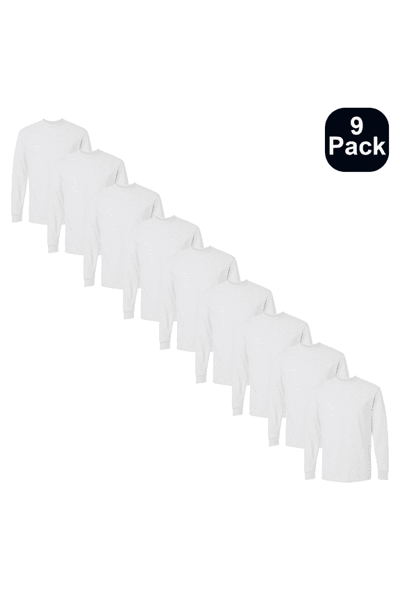 Men's DryBlend Long Sleeve T-Shirt, Cotton and Poly Blend Crew Neck Ash Bulk Tee 9 Pack, 3XL