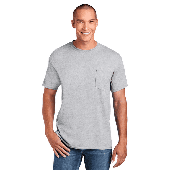 Gildan Men's DryBlend Pocket T-Shirt, Short Sleeve Crew Neck Casual Blank Tee, Ash, XL