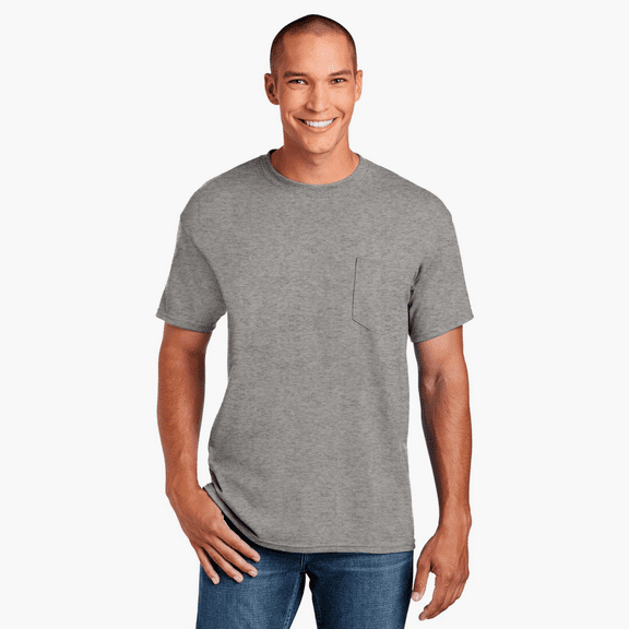 Gildan Men's DryBlend Pocket T-Shirt, Short Sleeve Crew Neck Casual Blank Tee, Graphite Heather, L