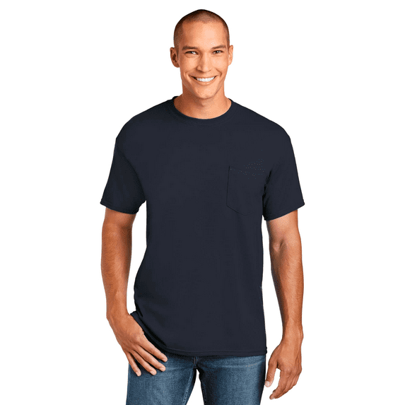 Gildan Men's DryBlend Pocket T-Shirt, Short Sleeve Crew Neck Casual Blank Tee, Navy, L