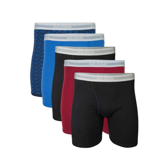 Gildan Men's Regular Leg Boxer Briefs, 5-Pack, Black/Red/Blue/Navy, X-Large