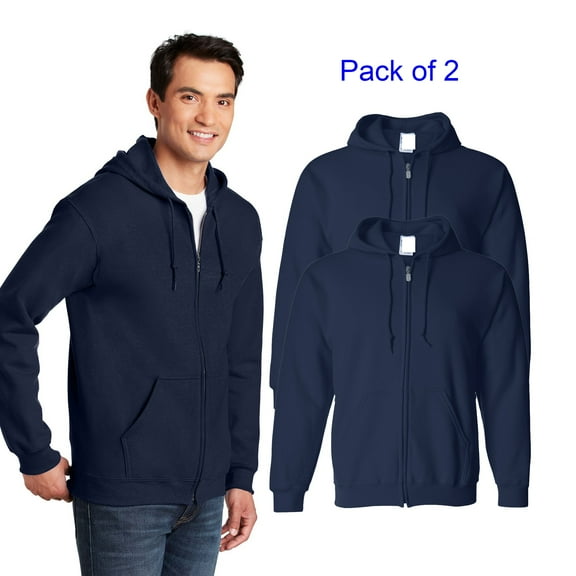 Gildan Men's Full-Zip Hooded Sweatshirt, Heavy Blend Fleece Pullover Navy Color Pockets Sweater, Size XL Pack of 2