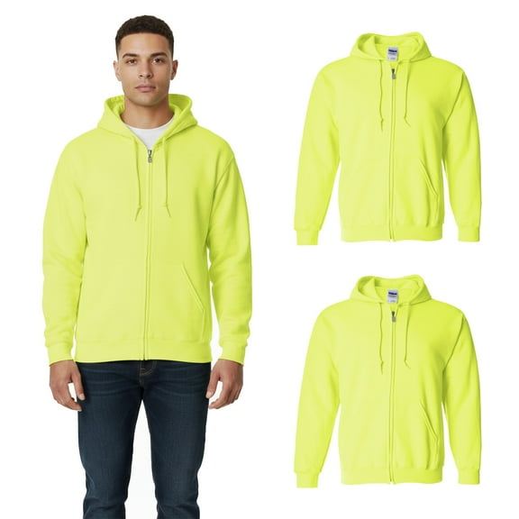 Gildan Men's Full-Zip Safety Hoodie, Hi-Vis Green Warm Zip Jacket Hooded Sweatshirt, 2 Pack, 3XL