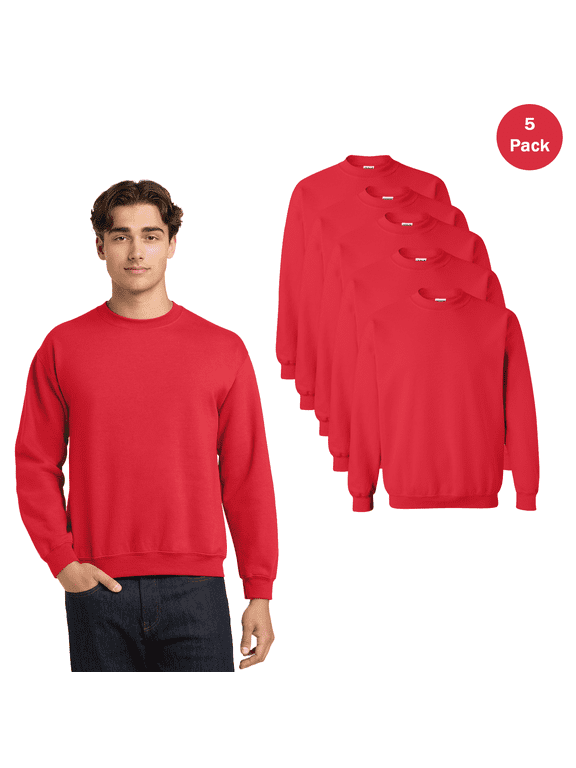 Men's Heavy Blend Crewneck Sweatshirt, Everyday Long Sleeve Red Pullover Sweater, 5-Pack, XL