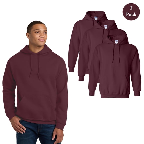 Gildan Men's Heavy Blend Hooded Sweatshirt, 3-Pack Long Sleeve Pullover Pouch pocket Maroon Hoodie L