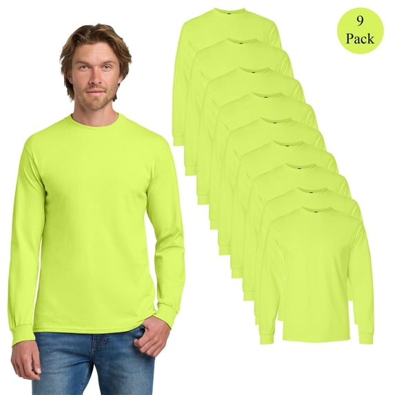 Gildan High Visibility Safety Long Sleeve T-Shirt, Men's Hi Vis Safety Green Workwear Shirts, 9-Pack, XL