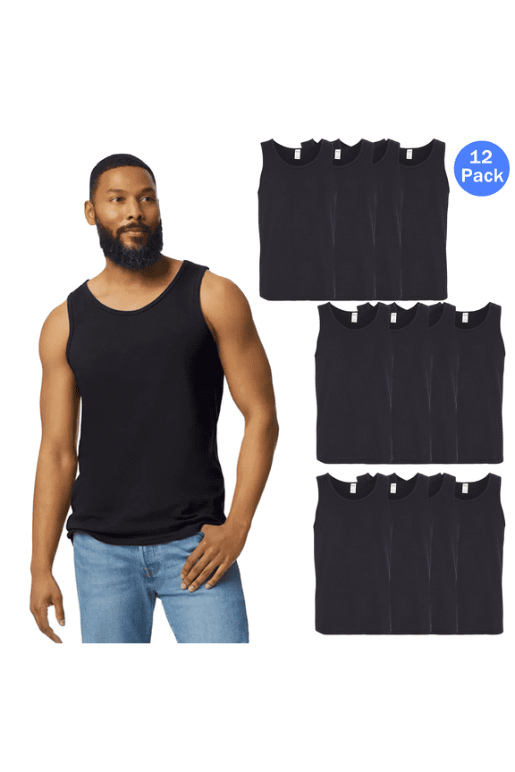 Men's Heavy Cotton Black Undershirt Tank Top, Works Sleeveless T-Shirt, Pack 12, 3XL