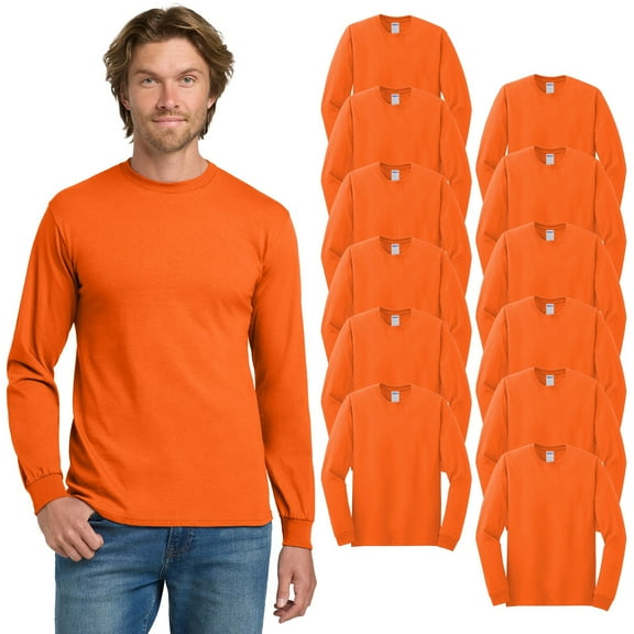Gildan Men’s Heavy Cotton Hi-Vis Long Sleeve T-Shirt, Crew Neck Work Tee, Safety Orange, 12-Pack, M